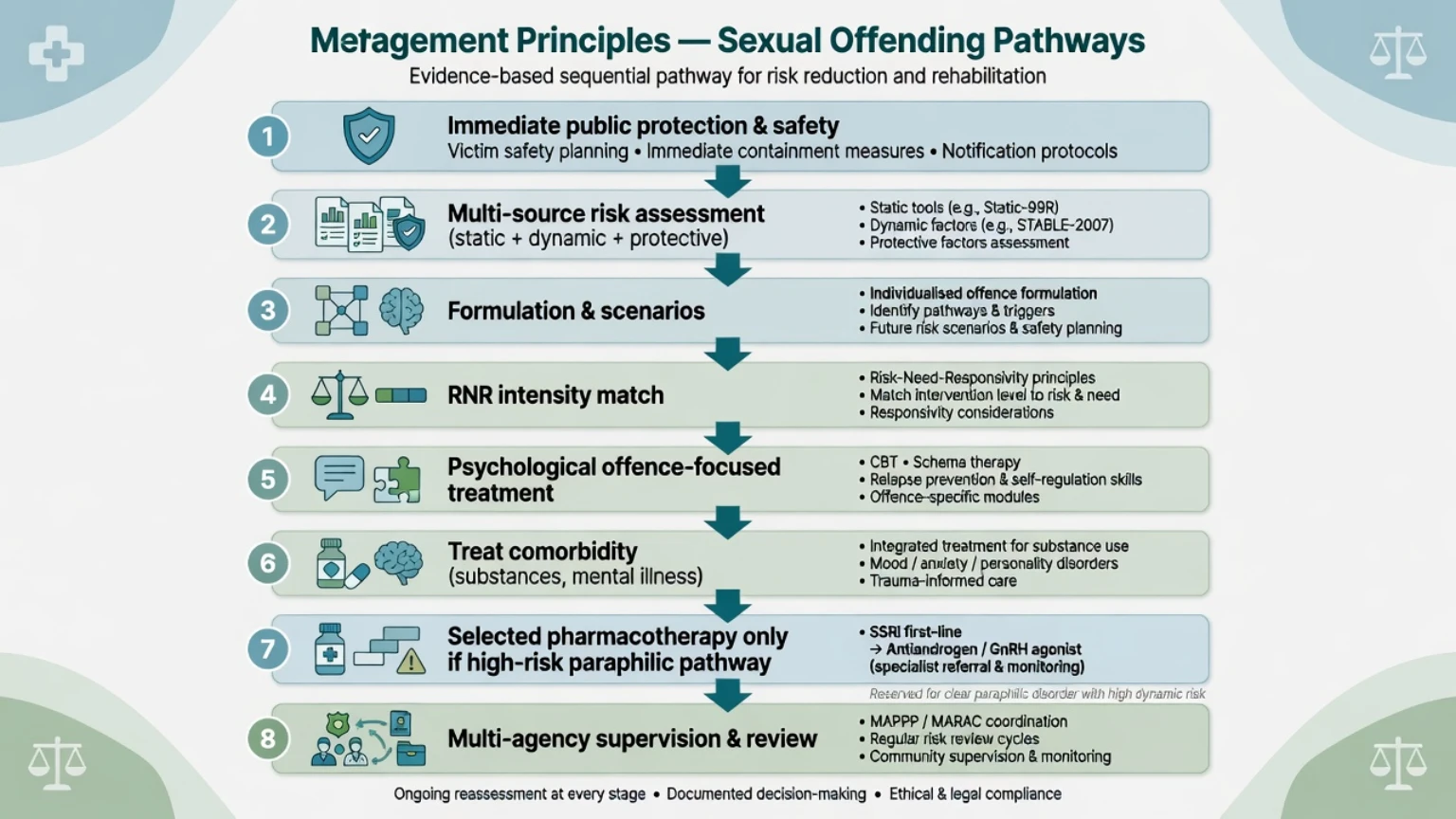 Eight-step management pathway from immediate public protection through assessment, formulation, RNR, psychological treatment, comorbidity care, selected pharmacotherapy, and multi-agency review