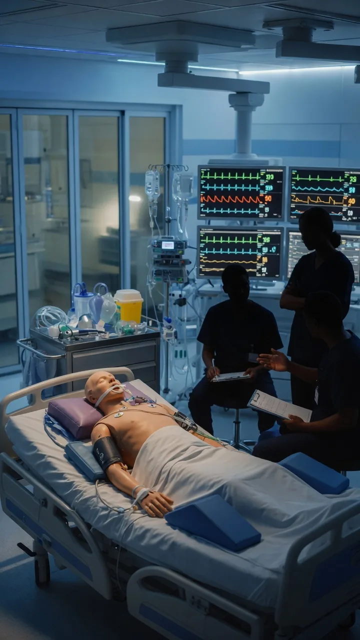 Cinematic clinical photograph of a high-fidelity human patient simulator manikin on an ICU bed surrounded by a multidisciplinary resuscitation team mid-debrief, clinical-blue lighting, no text, no identifiable people