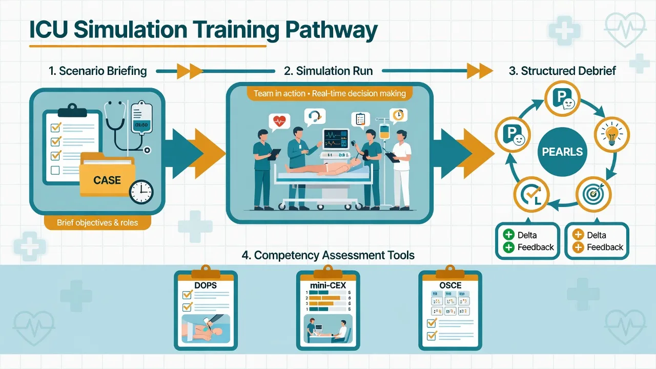 Simulation training pathway from briefing through scenario run to structured PEARLS debrief and competency tools DOPS mini-CEX OSCE