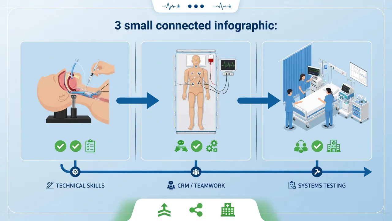 Educational infographic of simulation fidelity spectrum: low-fidelity task trainers, high-fidelity manikin, and in-situ ICU simulation linked to technical skills, CRM teamwork, and systems testing