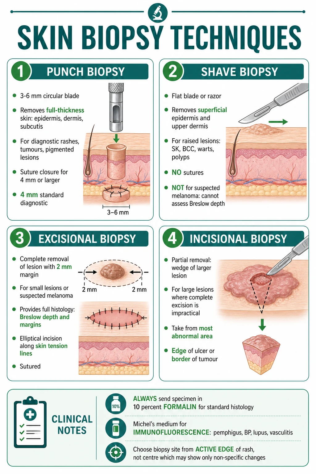 Five skin biopsy techniques side-by-side: PUNCH (cylindrical blade reaching epidermis, dermis, and subcutis), SHAVE / saucerisation (tangential flat-blade cut through epidermis and upper dermis only), EXCISIONAL (full-thickness elliptical cut along skin tension lines with 2-3 mm clinical margin), INCISIONAL (partial-thickness wedge from the most abnormal area), CURETTAGE AND ELECTRODESICCATION (sharp ring curette followed by electrofulguration; no histology specimen). The five are scaled to show the depth of tissue each reaches and the clinical scenario each suits.
