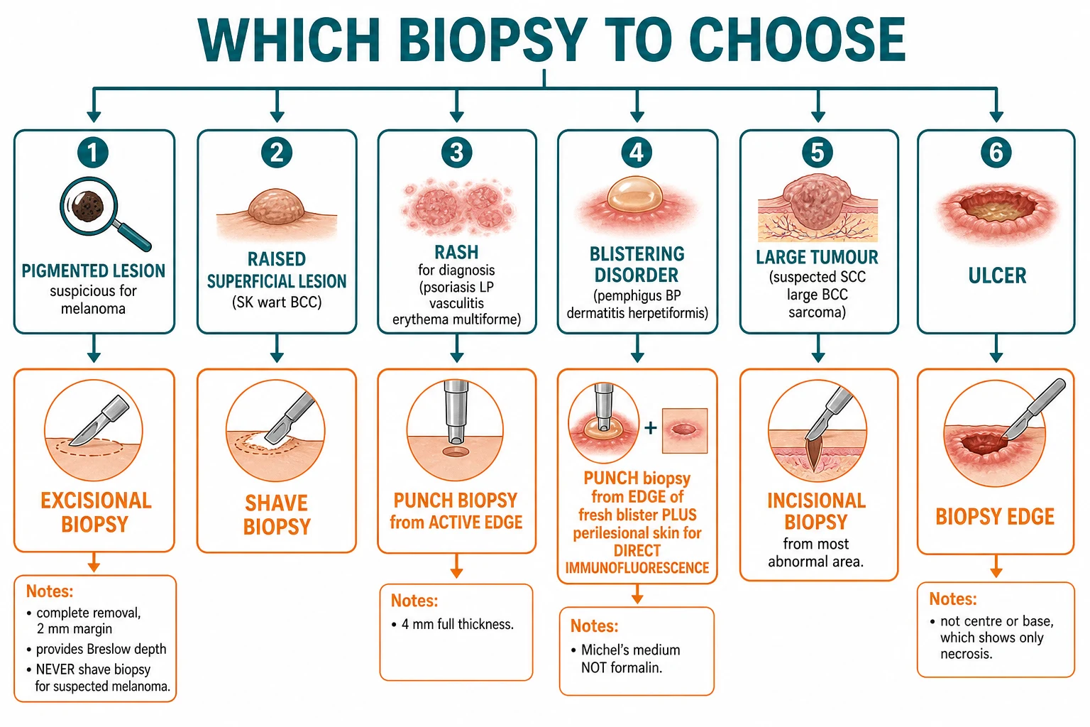 Site-selection diagram for skin biopsy: pigmented lesion entire lesion excised with 2-3 mm margin; inflammatory dermatosis punch from active edge; ulcer biopsy the edge not the base; blistering paired H&E plus DIF; alopecia paired active edge plus uninvolved scalp; panniculitis deep incisional wedge into subcutis