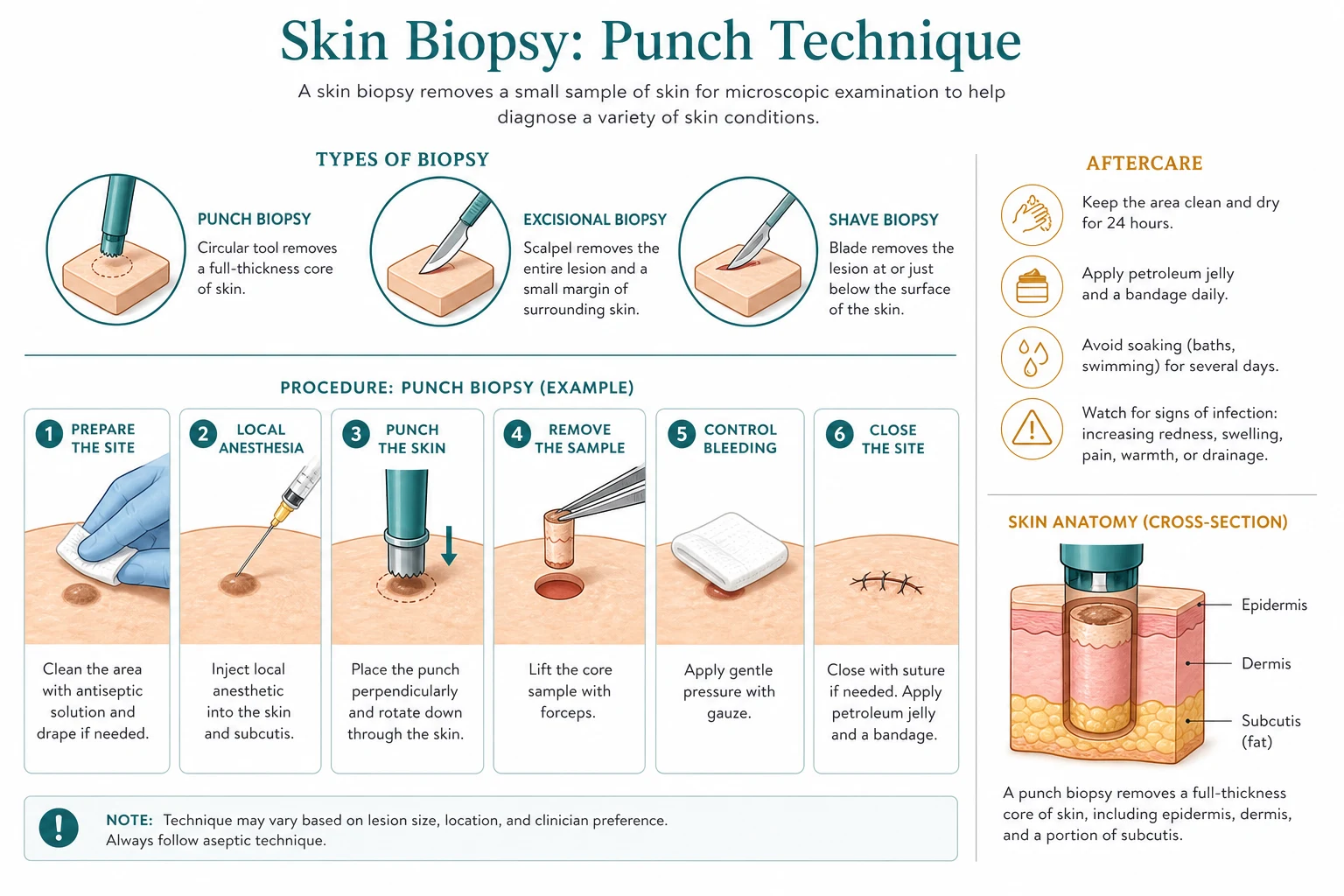 Step-by-step punch biopsy technique: stretch skin perpendicular to tension line; rotate punch perpendicular with gentle downward pressure until loss of resistance; lift with needle hook never forceps; snip base with iris scissors; place in formalin or Michel; close 3-4 mm defect with figure-of-eight suture or 1-2 interrupted sutures