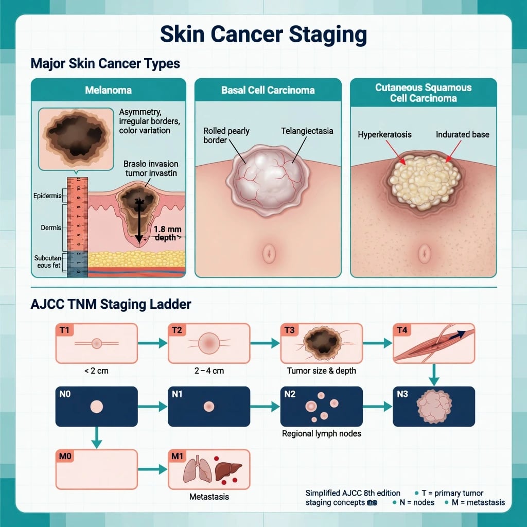 Educational schematic comparing melanoma, basal cell carcinoma and cutaneous squamous cell carcinoma with a simplified AJCC TNM staging ladder