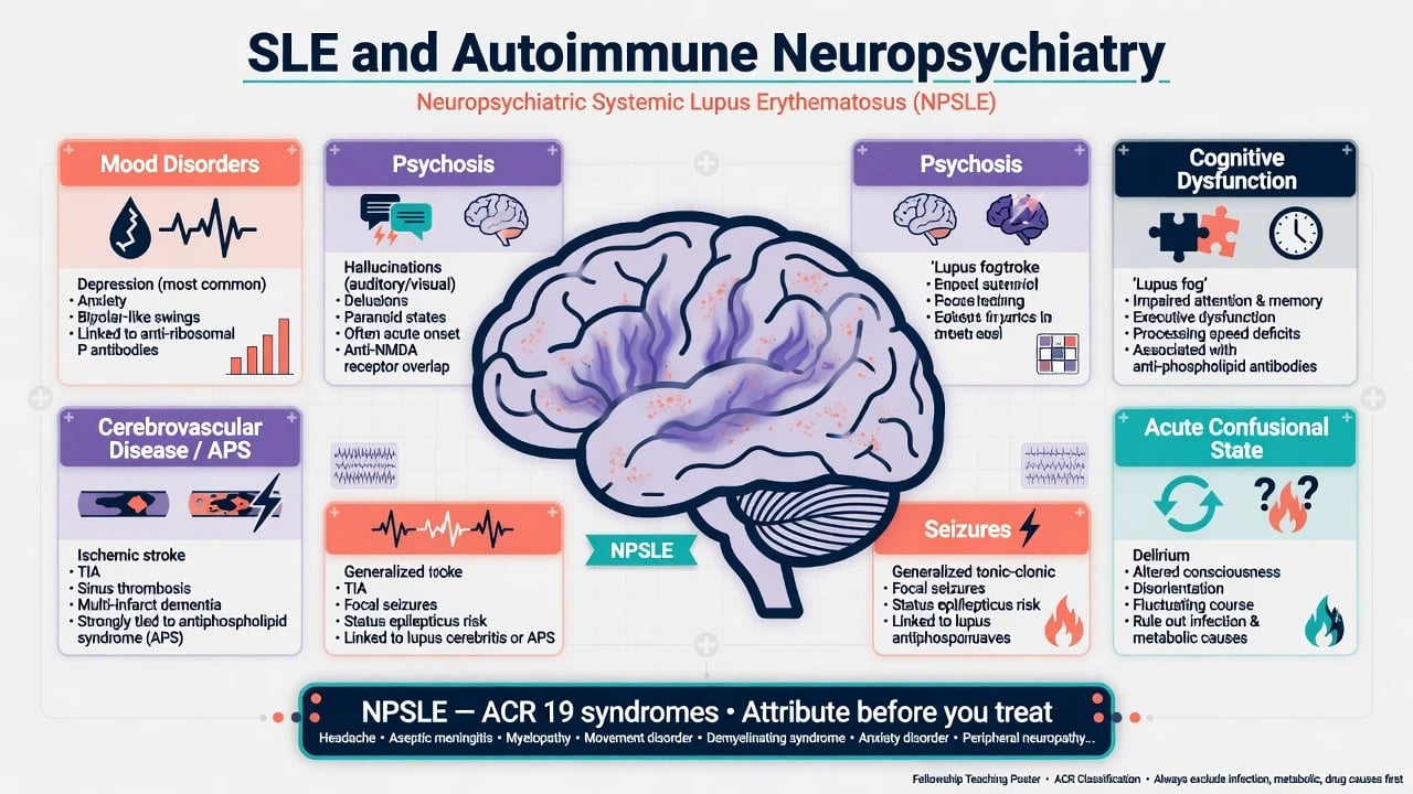 Educational overview of SLE neuropsychiatry covering mood, psychosis, cognition, acute confusional state, seizures, and antiphospholipid cerebrovascular disease