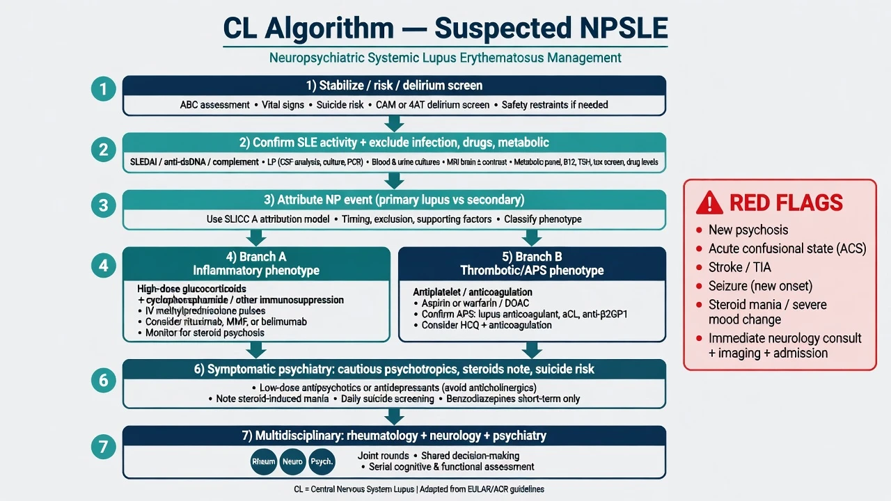Consultation-liaison algorithm for suspected NPSLE with inflammatory versus thrombotic treatment branches
