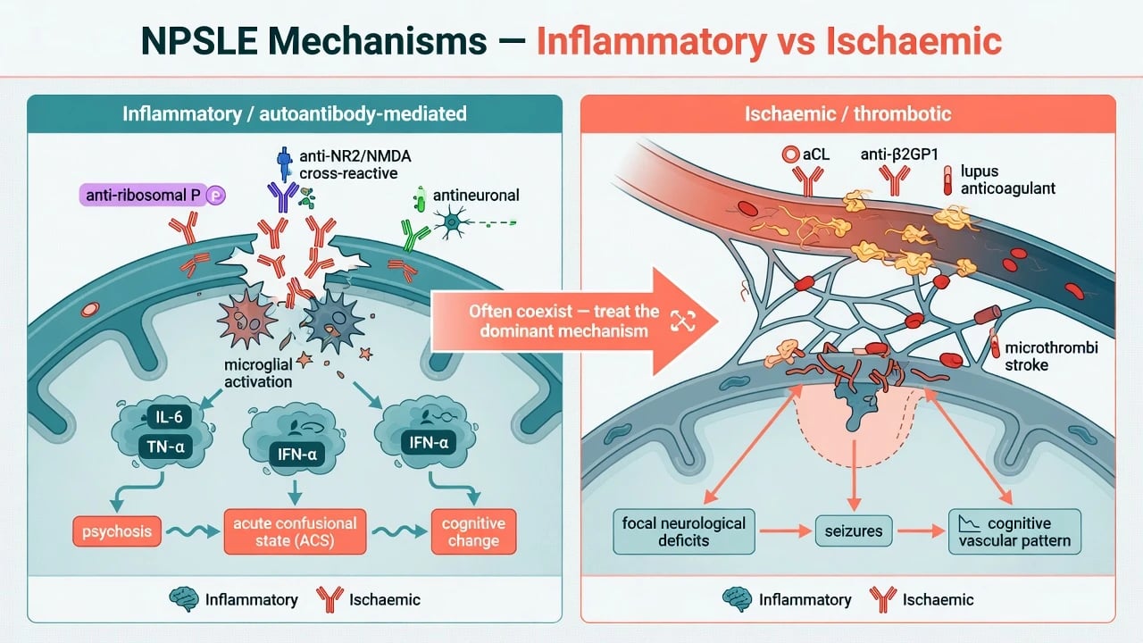 Split diagram of inflammatory autoantibody-mediated versus ischaemic antiphospholipid mechanisms in NPSLE