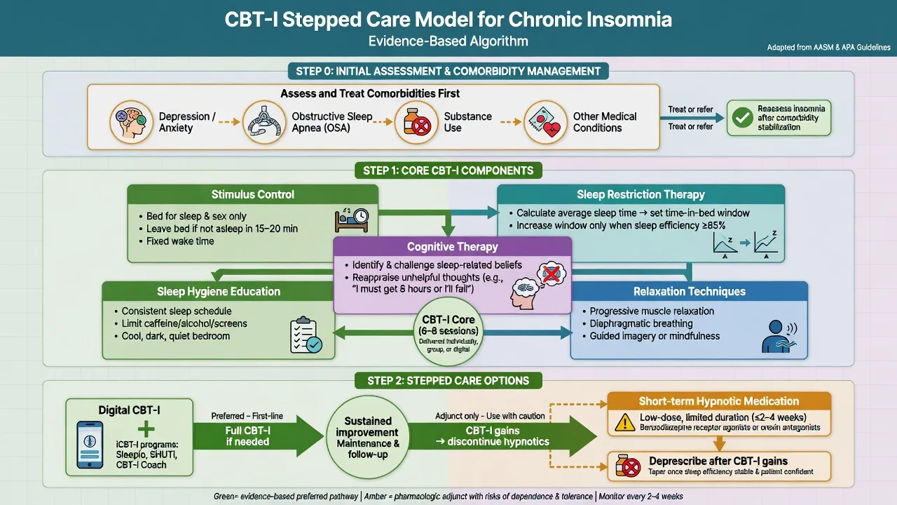 CBT-I stepped care algorithm with core components and short-term hypnotic adjunct pathway