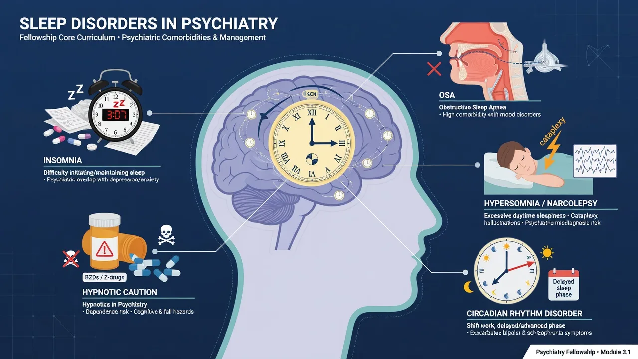 Overview of sleep disorders in psychiatry including insomnia, OSA, hypersomnia, circadian disruption, and hypnotic caution