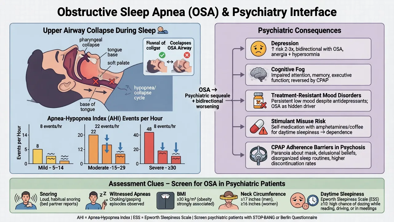 OSA upper airway collapse, AHI severity bands, and psychiatric consequences with CPAP adherence barriers