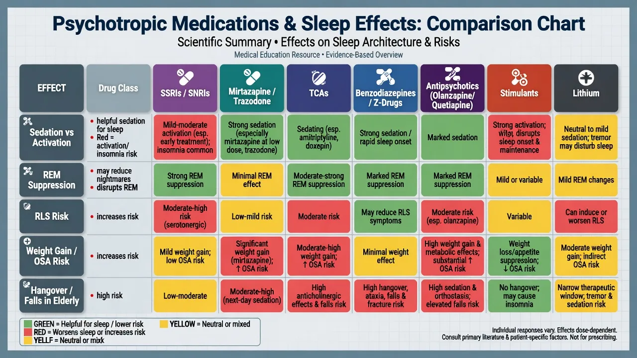 Comparison chart of psychotropic drug classes and effects on sedation, REM, RLS risk, weight or OSA risk, and elderly falls