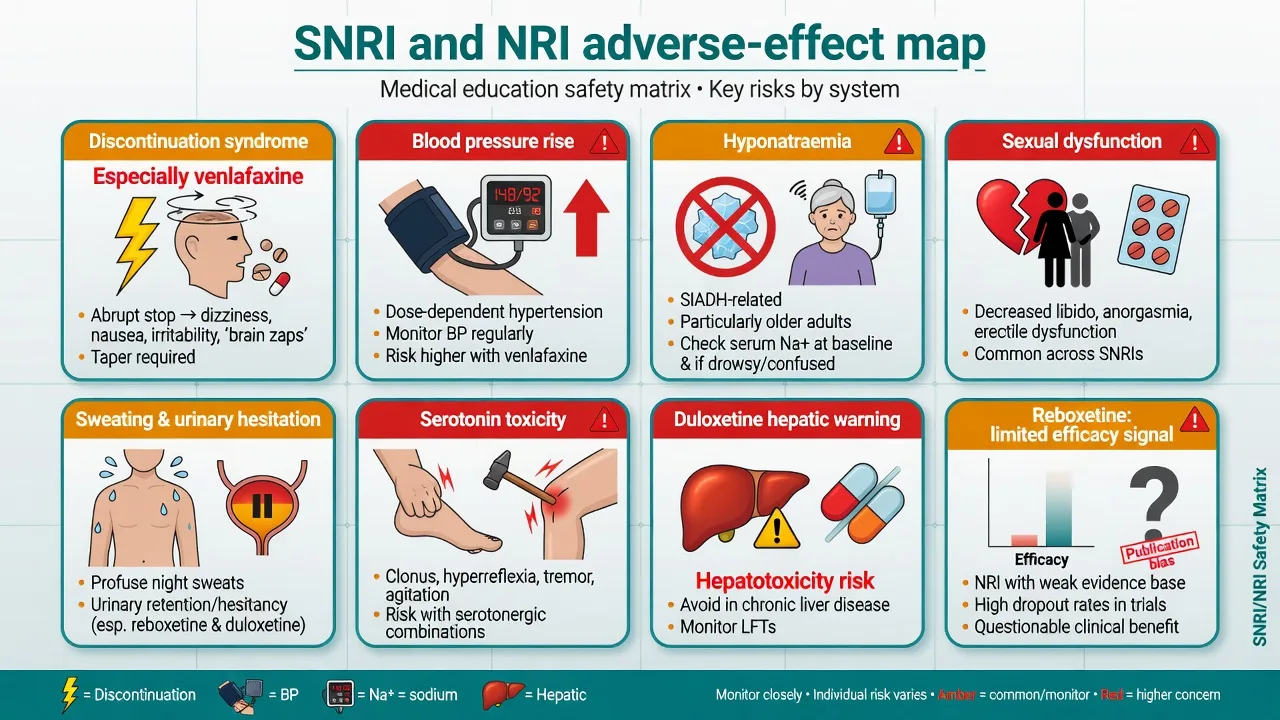 Matrix of SNRI and NRI adverse effects including discontinuation BP hyponatraemia sexual dysfunction and serotonin toxicity