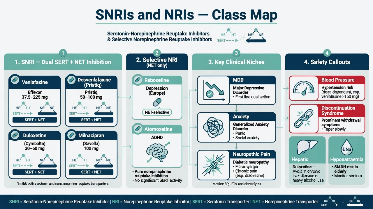 Educational class map of SNRIs and selective NRIs with clinical niches and safety callouts
