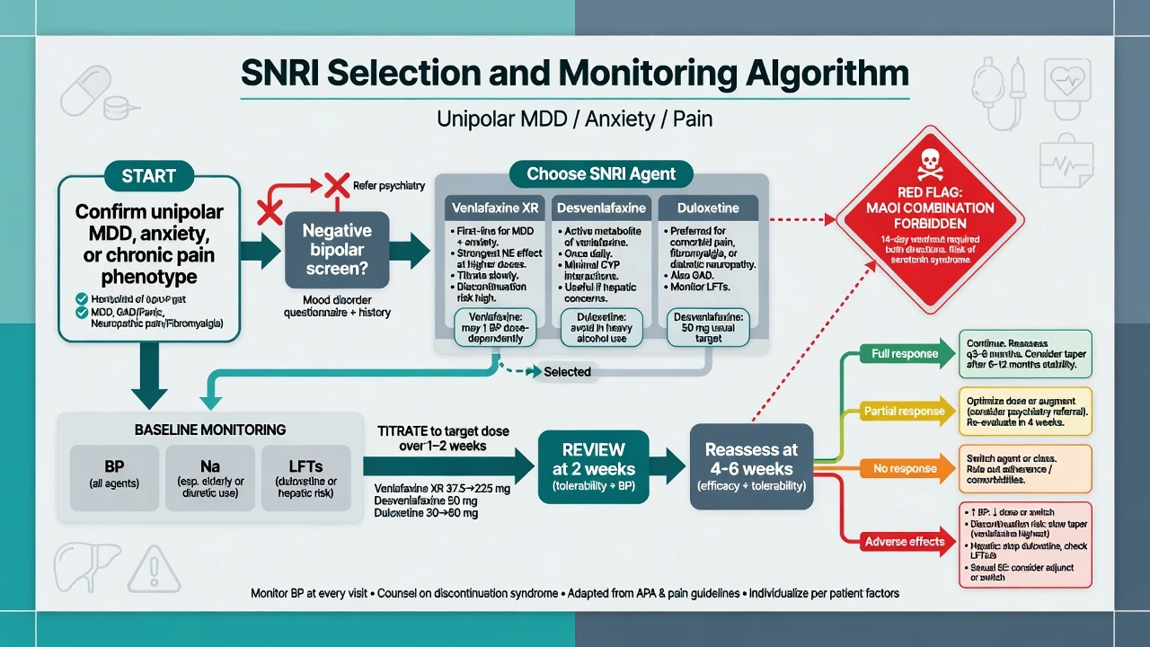 Algorithm for selecting an SNRI agent and monitoring response blood pressure and safety