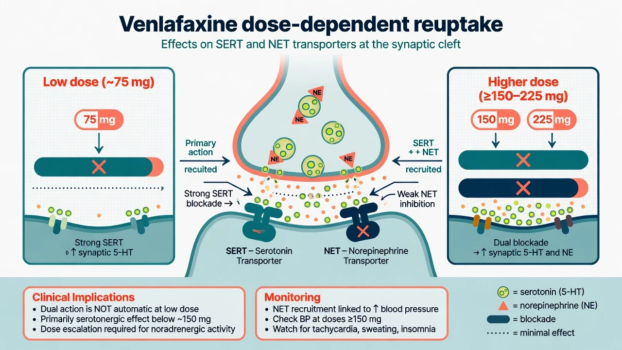 Dose-dependent venlafaxine effects on SERT and NET at low versus higher doses