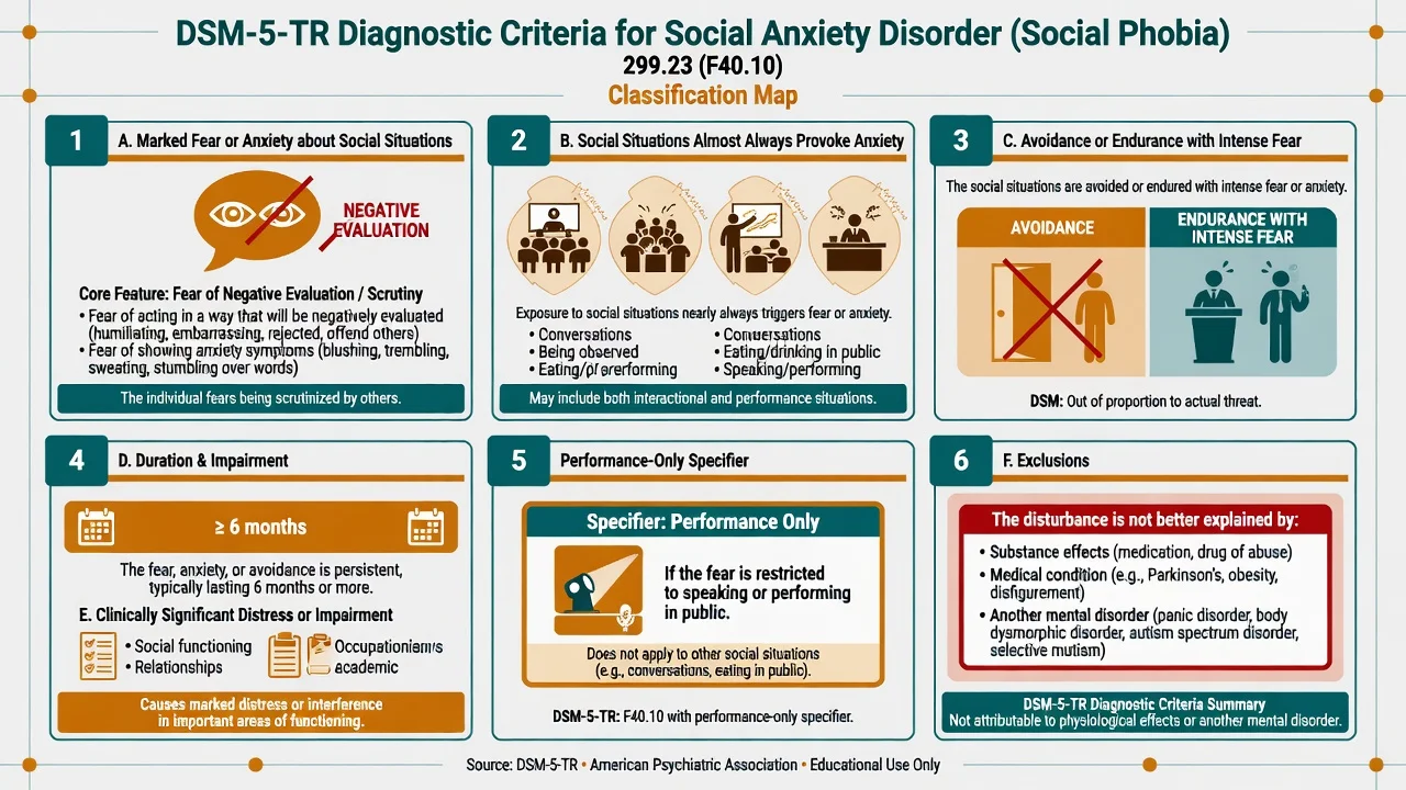 DSM-5-TR style social anxiety disorder diagnostic criteria map including performance-only specifier and exclusions