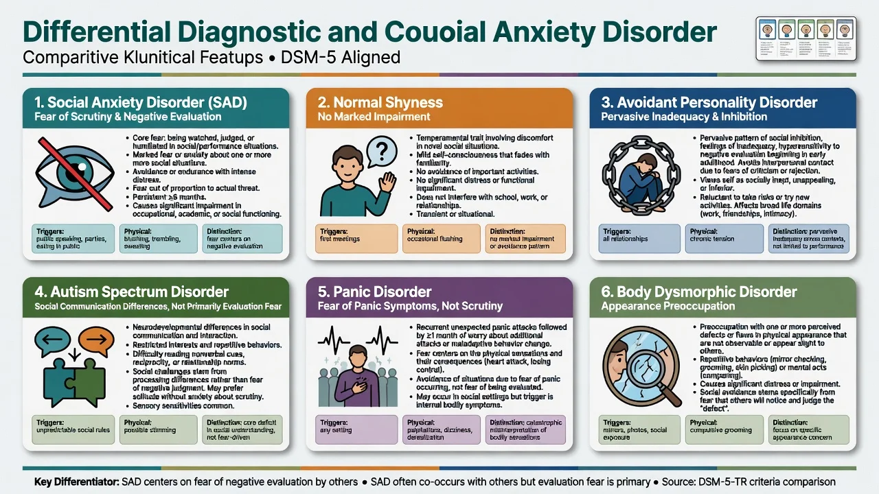 Six-card differential board comparing social anxiety disorder with shyness, avoidant personality, autism spectrum, panic disorder, and body dysmorphic disorder