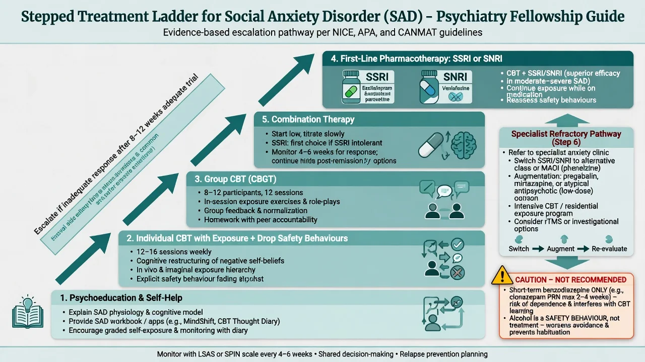 Stepped treatment ladder for social anxiety disorder including CBT, SSRI SNRI, combination therapy and specialist refractory pathway