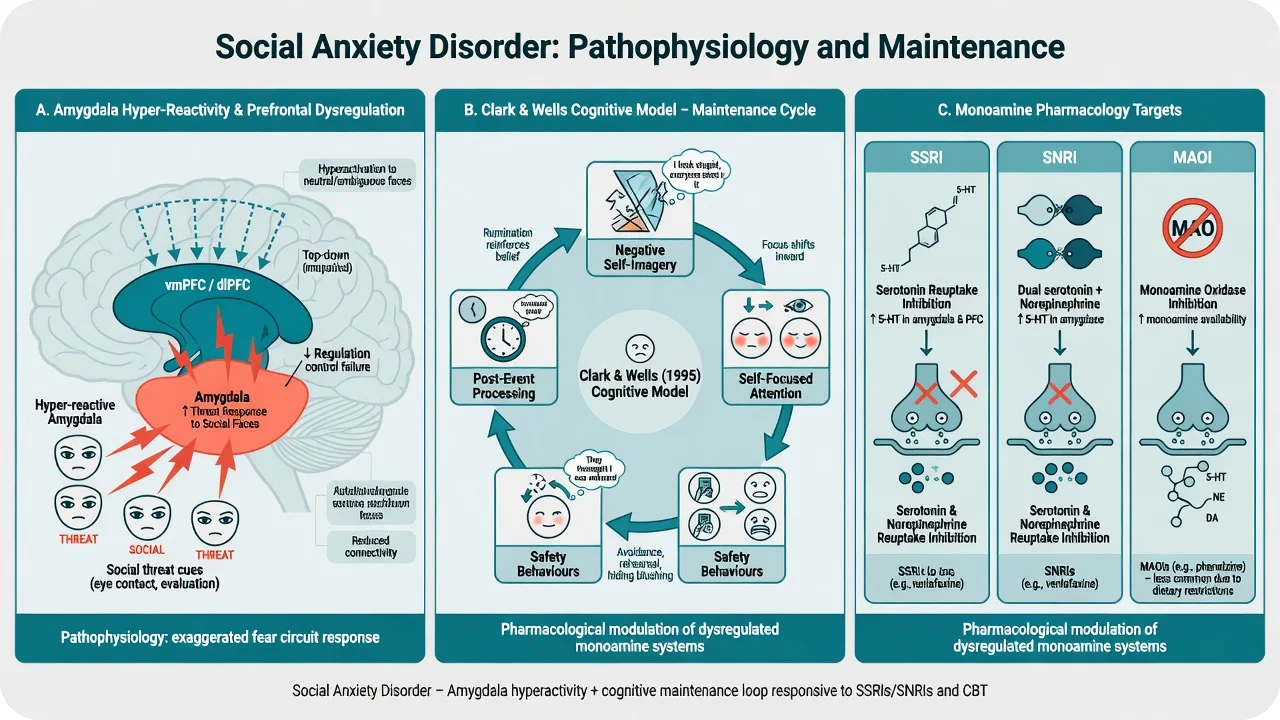 Three-panel social anxiety mechanisms: amygdala-prefrontal circuits, Clark and Wells maintenance cycle, monoamine pharmacology targets