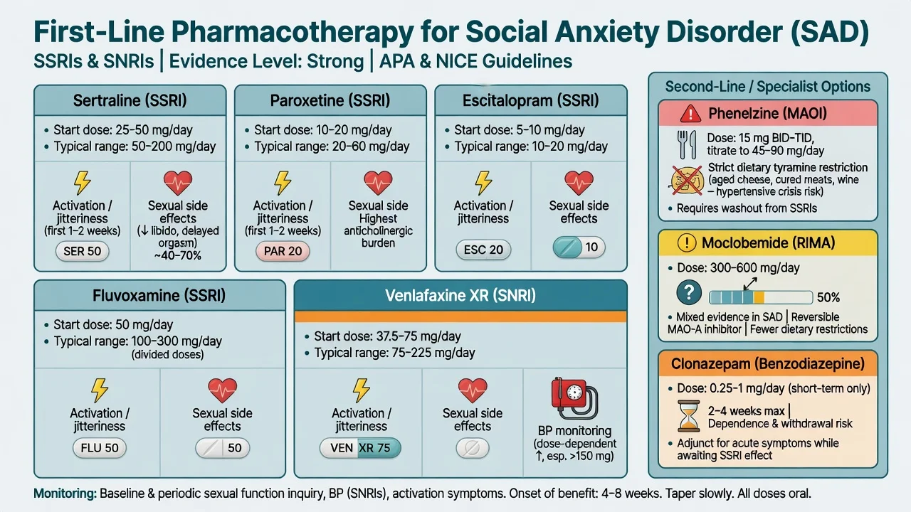 First-line pharmacotherapy panels for social anxiety disorder SSRI SNRI with specialist options phenelzine moclobemide clonazepam