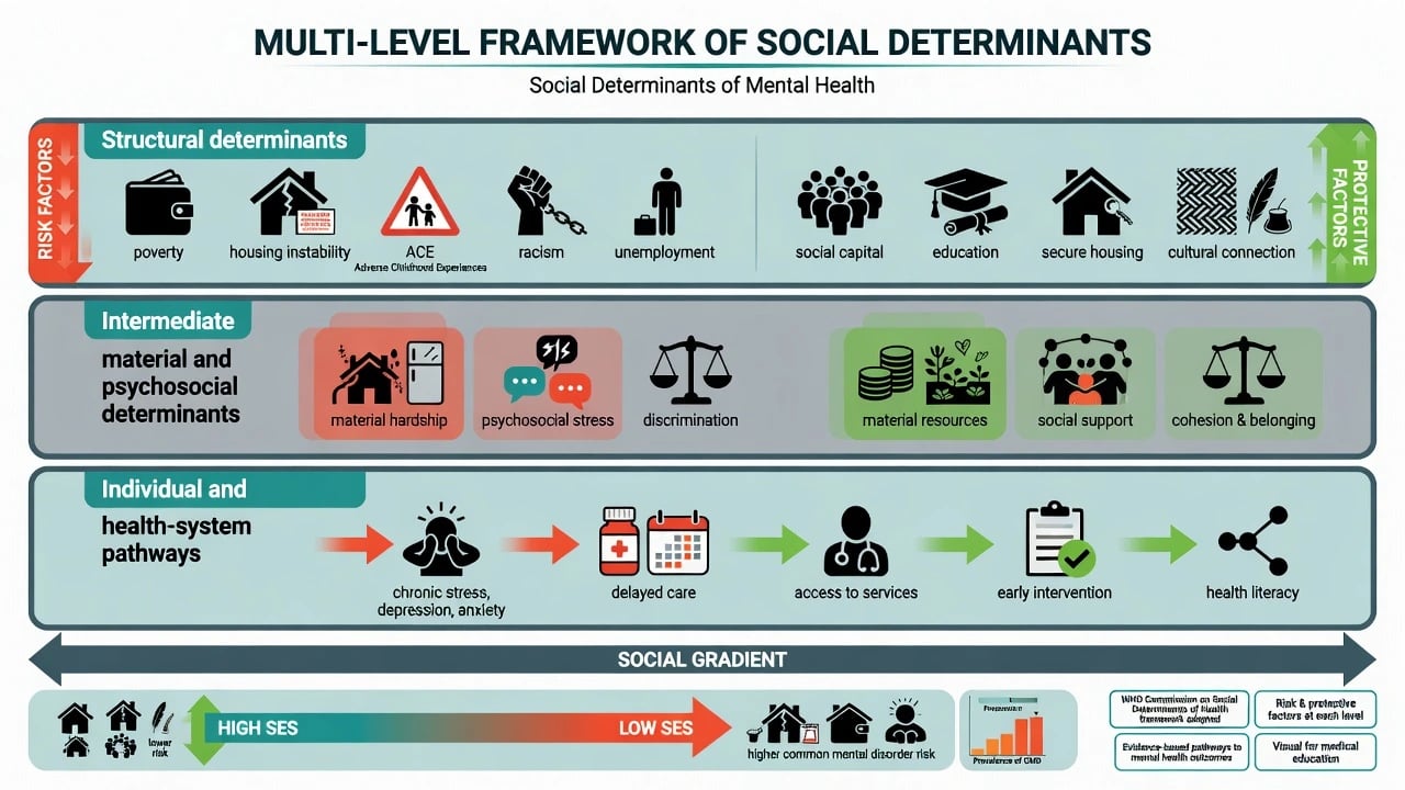 Multi-level framework with structural, intermediate, and individual pathways plus social gradient