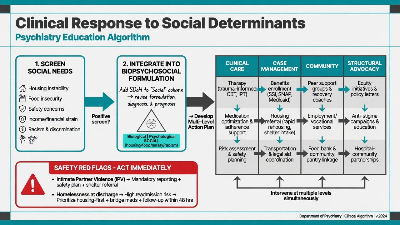 Algorithm screening social needs then multi-level clinical, case management, community, and structural actions