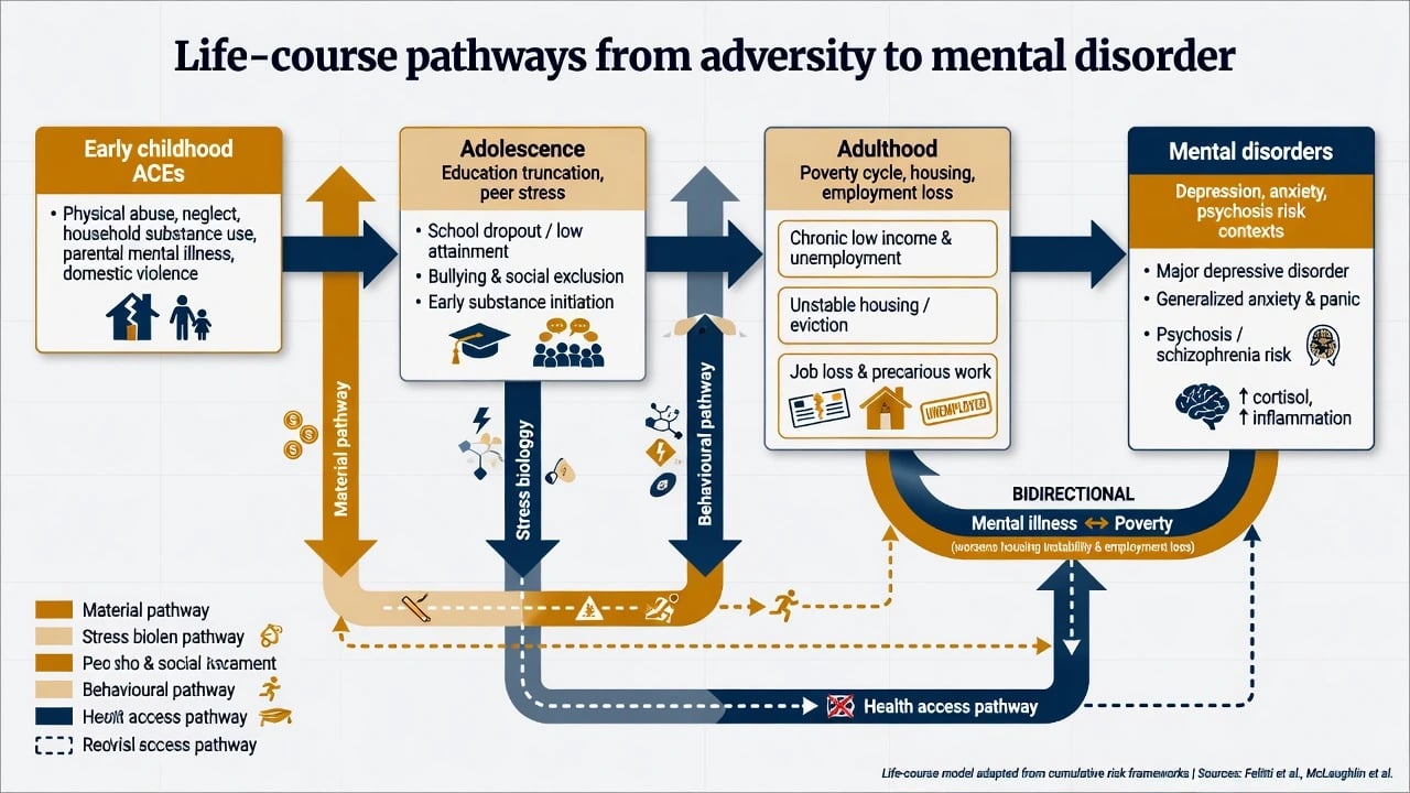 Life-course pathway from ACEs through adolescence and adulthood to mental disorders with bidirectional poverty loop