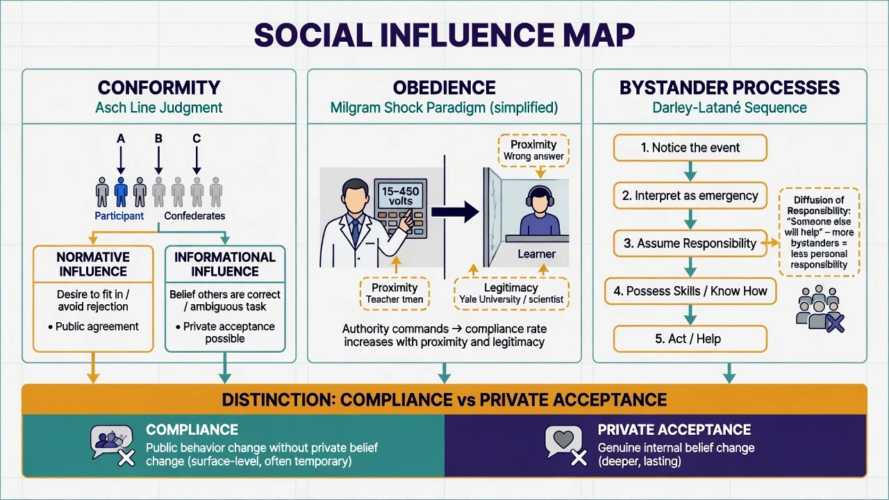Social influence map showing conformity, obedience, and bystander processes with compliance versus private acceptance