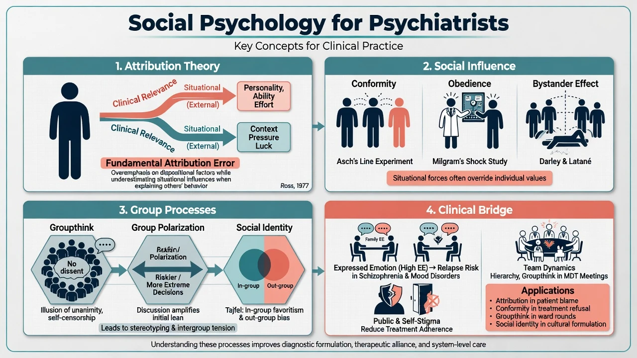 Four-panel overview of attribution, social influence, group processes, and clinical bridges for psychiatrists