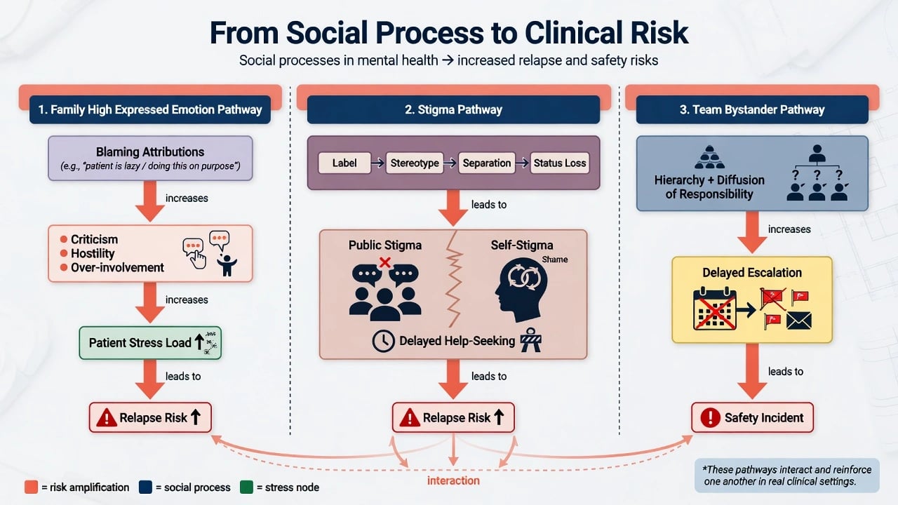 Three pathways from social process to clinical risk: family high EE, stigma, and team bystander failure