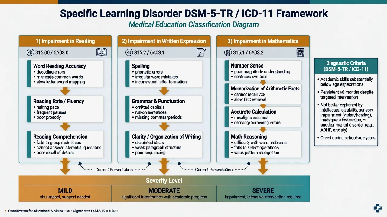 Educational three-column diagram of SLD domains reading written expression and mathematics with mild moderate severe severity bands
