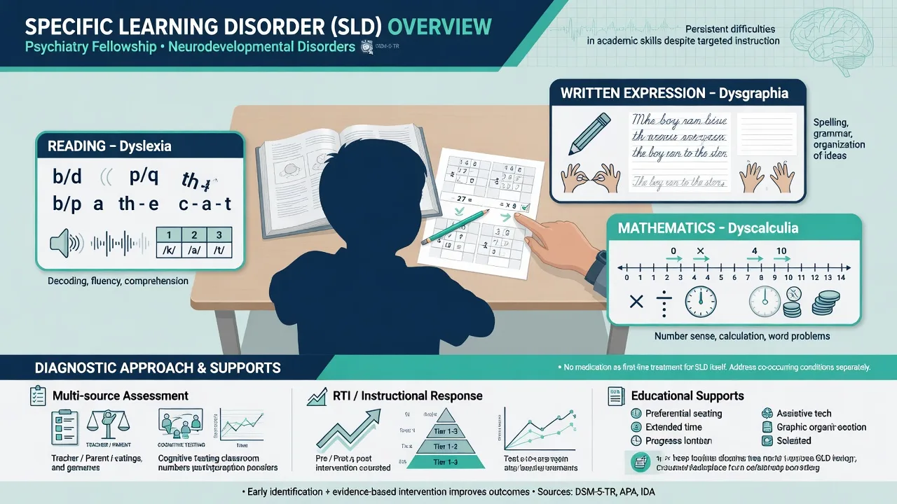 Educational overview of specific learning disorder covering reading written expression and mathematics domains with multi-source assessment and educational supports