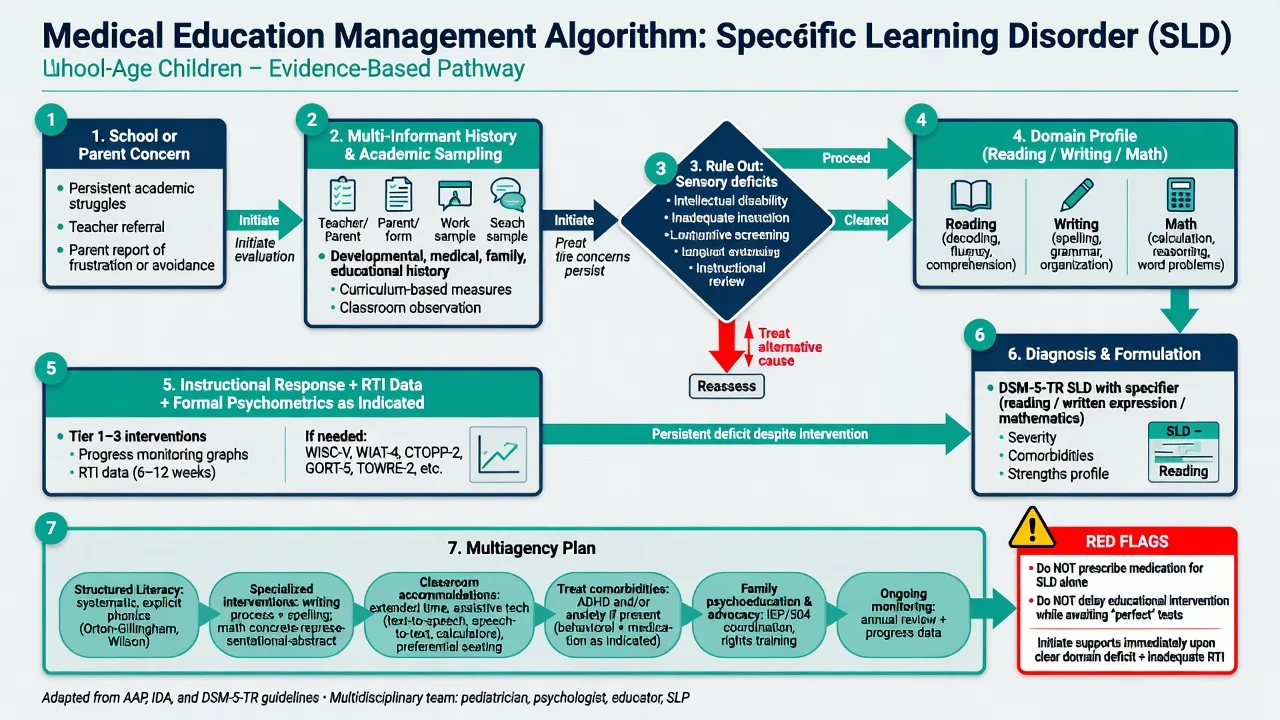 Educational flowchart from academic concern through multi-source assessment to structured literacy accommodations and comorbidity care for SLD