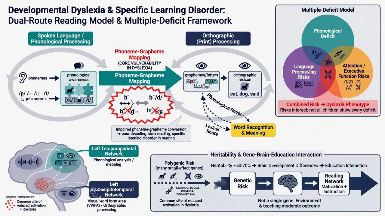 Educational diagram of phonological orthographic mapping multiple-deficit model and reading network for developmental dyslexia