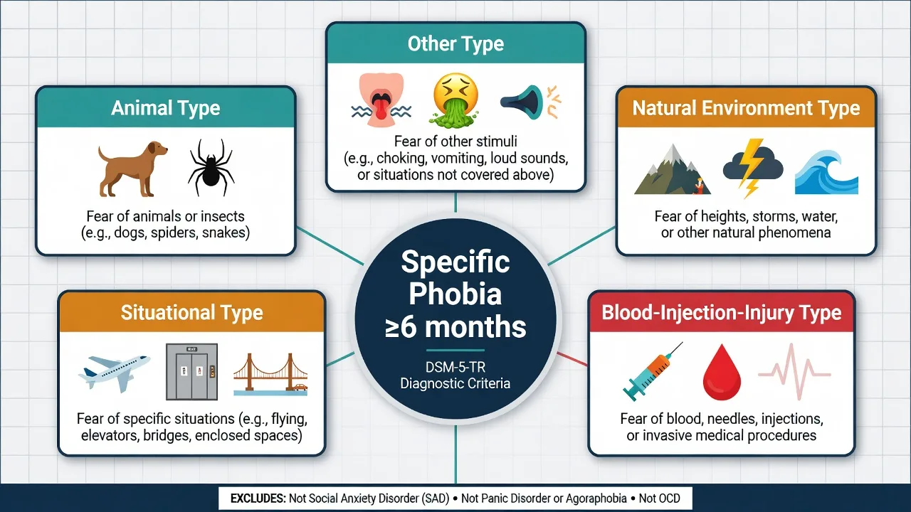 DSM-5-TR specific phobia five type specifier cards around a six-month criteria hub with exclusions