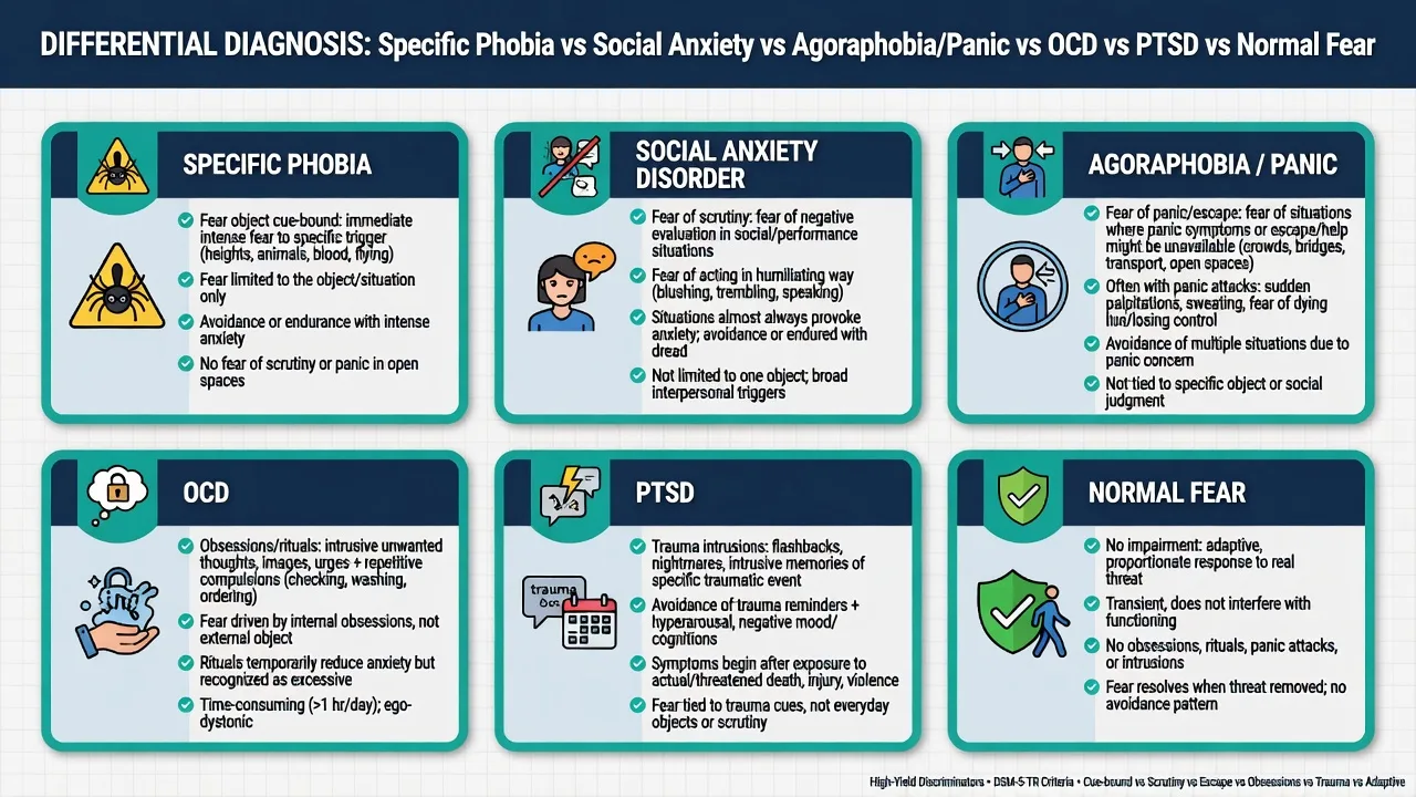 Six-card differential board comparing specific phobia with social anxiety, agoraphobia panic, OCD, PTSD and normal fear