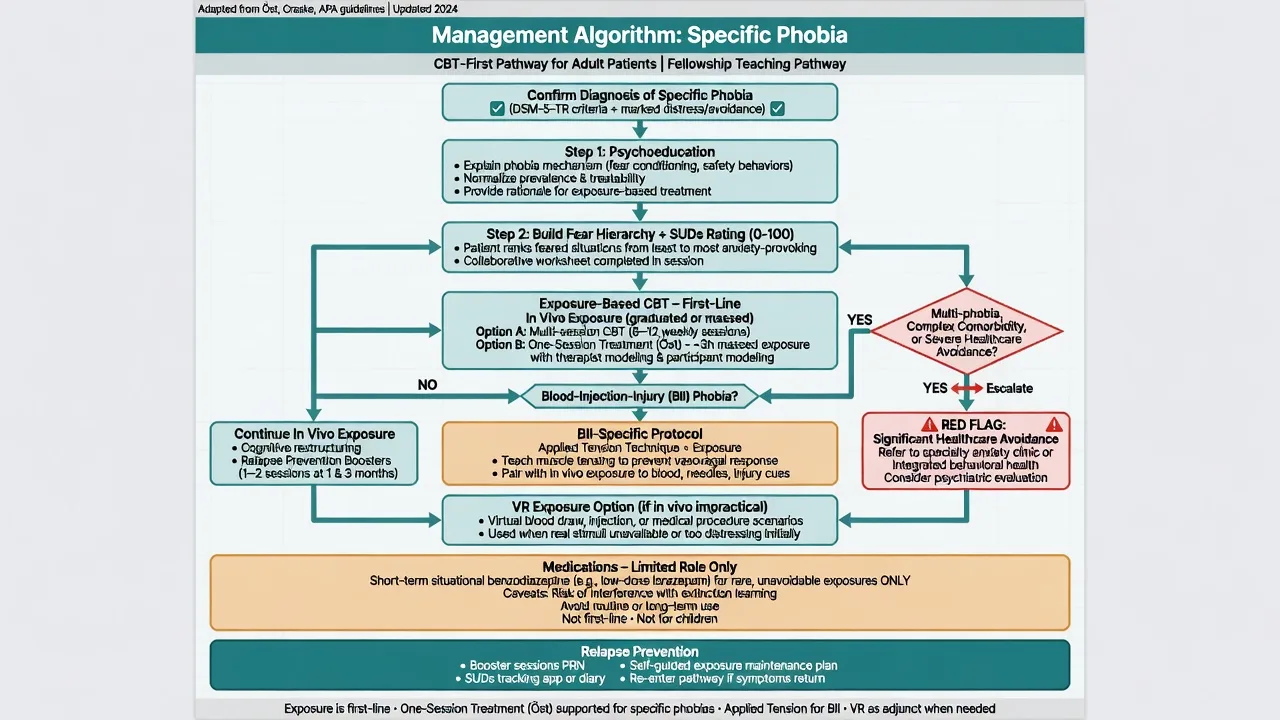 Stepped management algorithm for specific phobia with exposure CBT, one-session treatment, BII applied tension branch, VR option and limited medication role