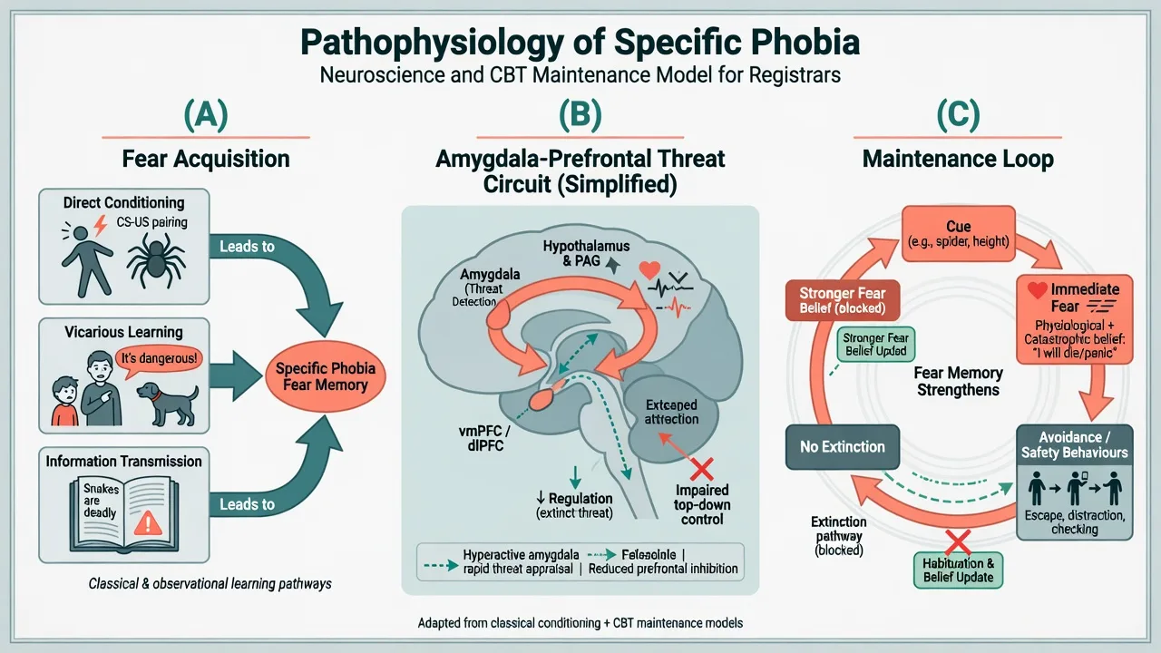 Three-panel specific phobia mechanisms: fear acquisition paths, amygdala-prefrontal circuit, avoidance maintenance loop blocking extinction