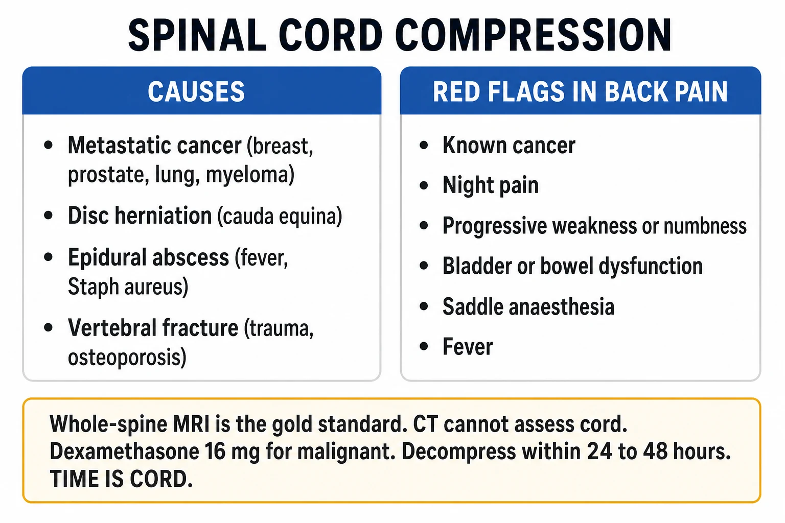 Three-panel infographic on a white clinical-blue background: LEFT mechanism vectors (axial loading Jefferson/burst; flexion wedge/facet dislocation/clay-shoveler/Chance; extension hangman/teardrop/SCIWORA; rotation fracture-dislocation); CENTRE NEXUS vs Canadian C-spine (NEXUS 5 low-risk criteria ALL; Canadian 3 high-risk then low-risk then 45 degree rotation; CT first-line high-risk, MRI if deficit, clinical clearance low-risk); RIGHT management (ABC + immobilisation; MAP 85-90 cord perfusion; early decompression under 24h STASCIS; steroids controversial NASCIS not standard). Banner 'CT first-line high-risk; MAP 85-90; early decompression under 24h'. Flat vector illustration, crisp typography.