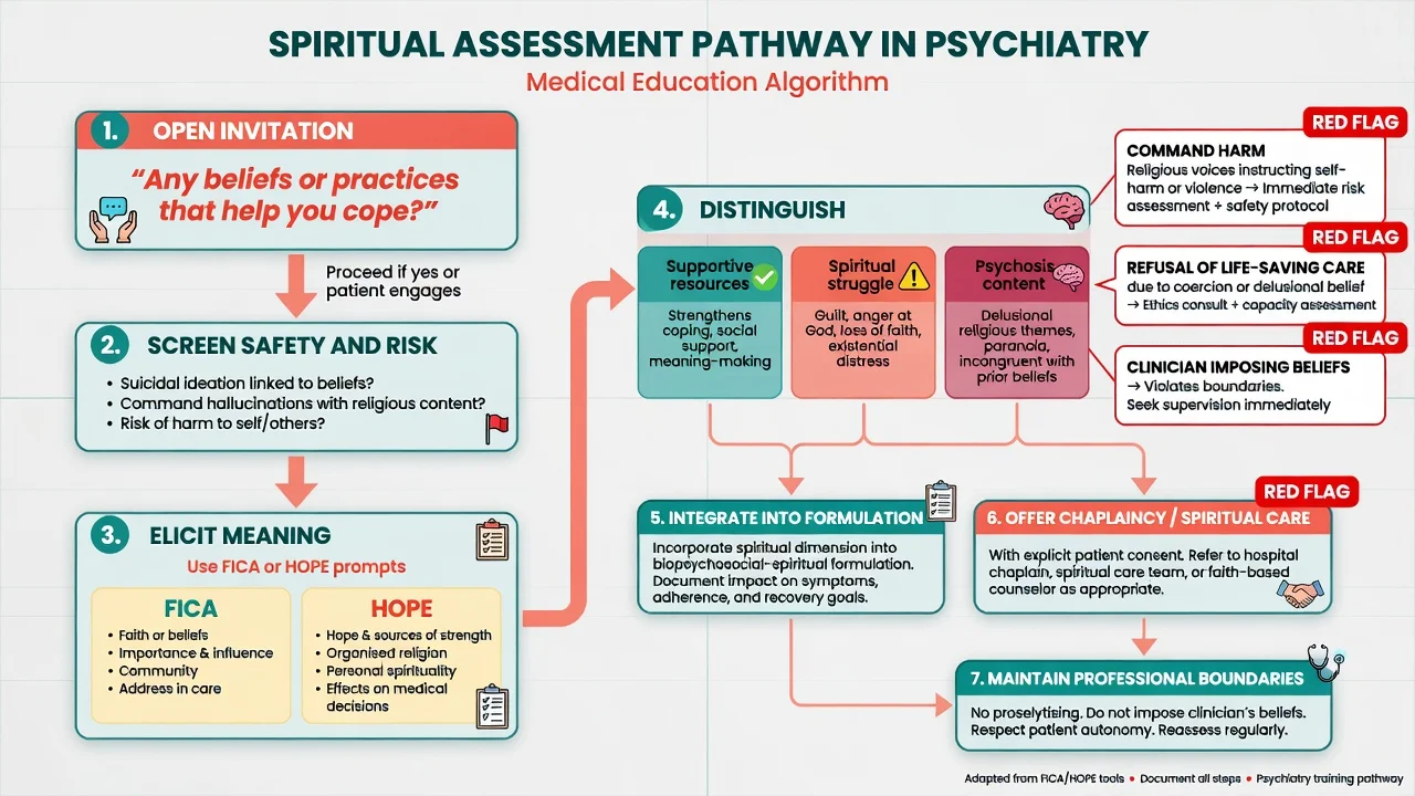 Flowchart of spiritual assessment pathway in psychiatry including HOPE and FICA prompts and risk screening