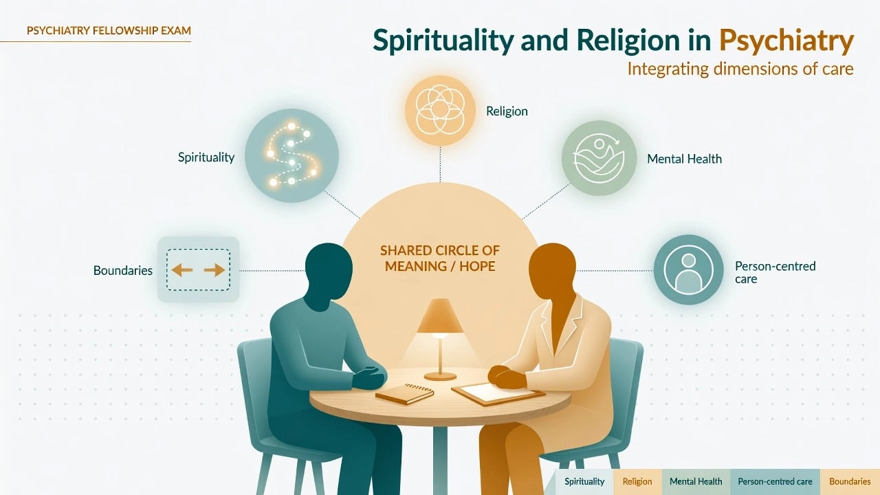 Educational hero illustration of person-centred psychiatric care integrating spirituality and religion without imposing beliefs