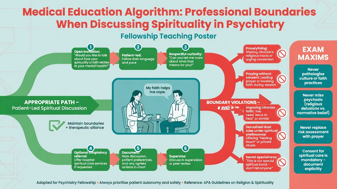 Educational diagram of professional boundaries when discussing spirituality in psychiatry with green safe path and red proselytising path