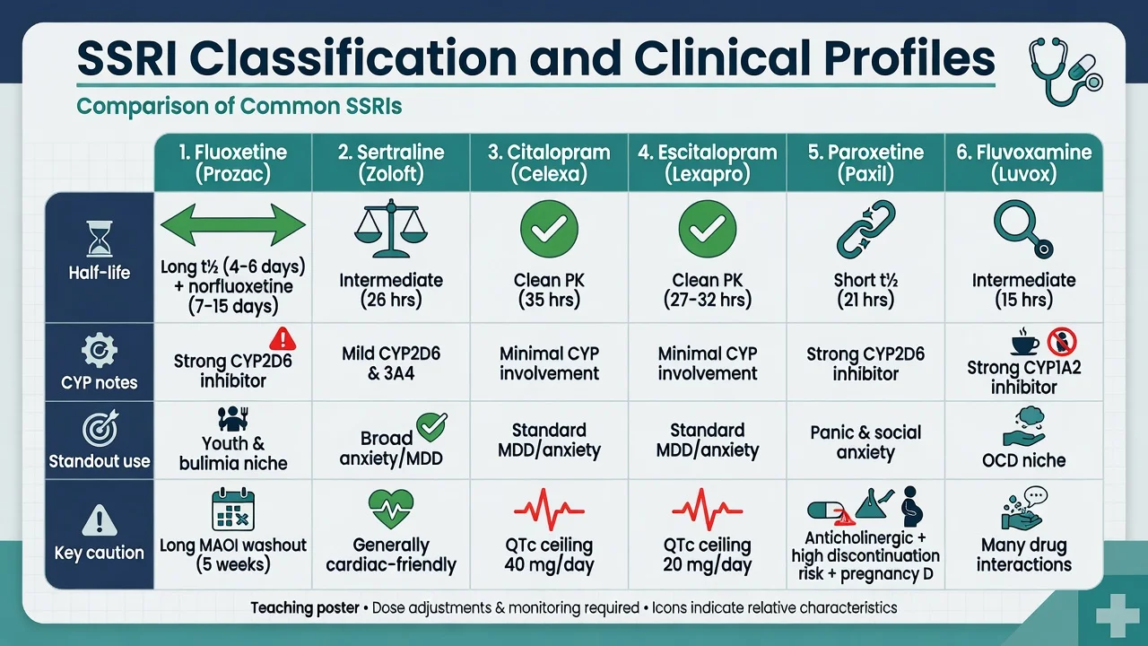 Comparison table of six SSRIs by half-life CYP uses and cautions