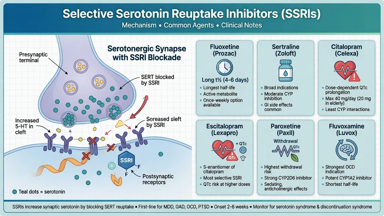 SSRI class poster with synapse SERT blockade and six agent cards