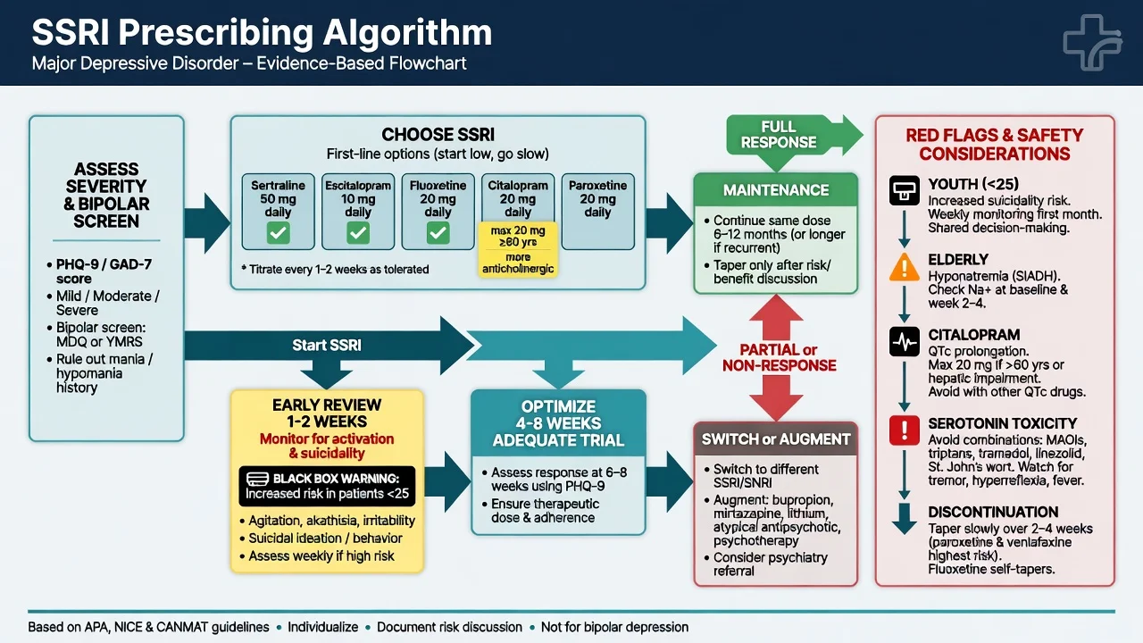 SSRI prescribing algorithm from assessment through early review trial and switch