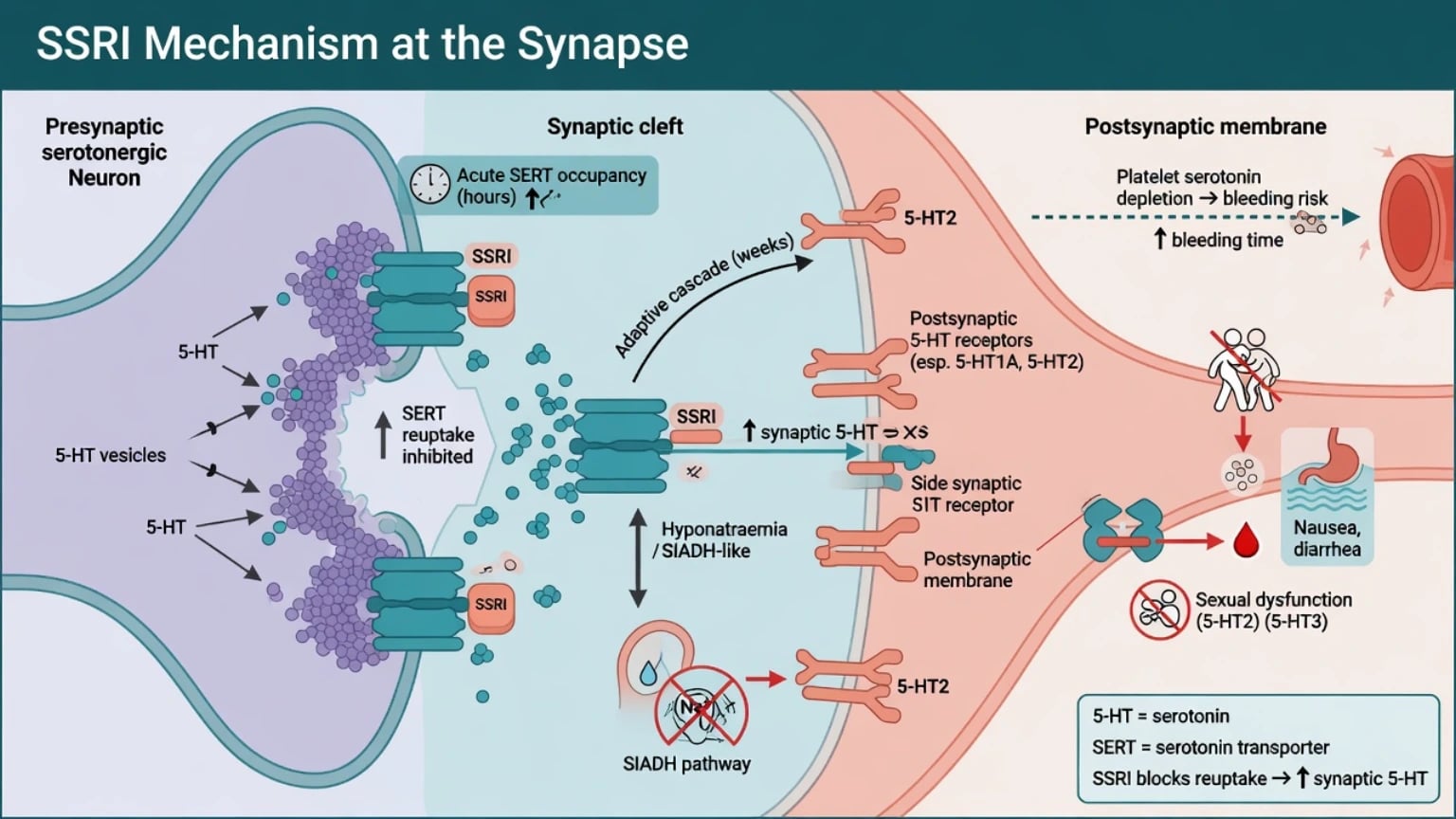 Synaptic diagram of SERT blockade adaptive cascade and SSRI side-effect pathways