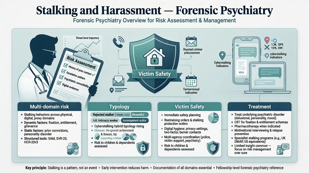 Forensic psychiatry framework balancing multi-domain stalking risk, typology, victim safety, and treatment