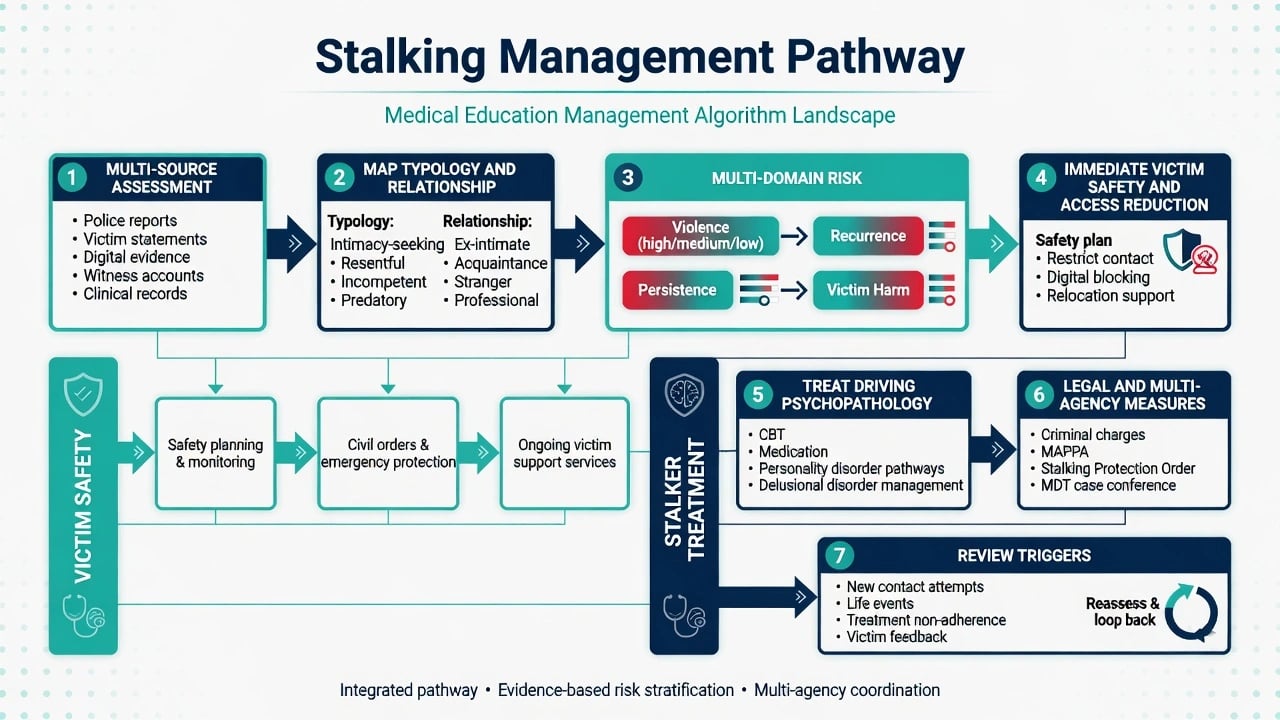 Management pathway from multi-source assessment through multi-domain risk to parallel victim safety and stalker treatment