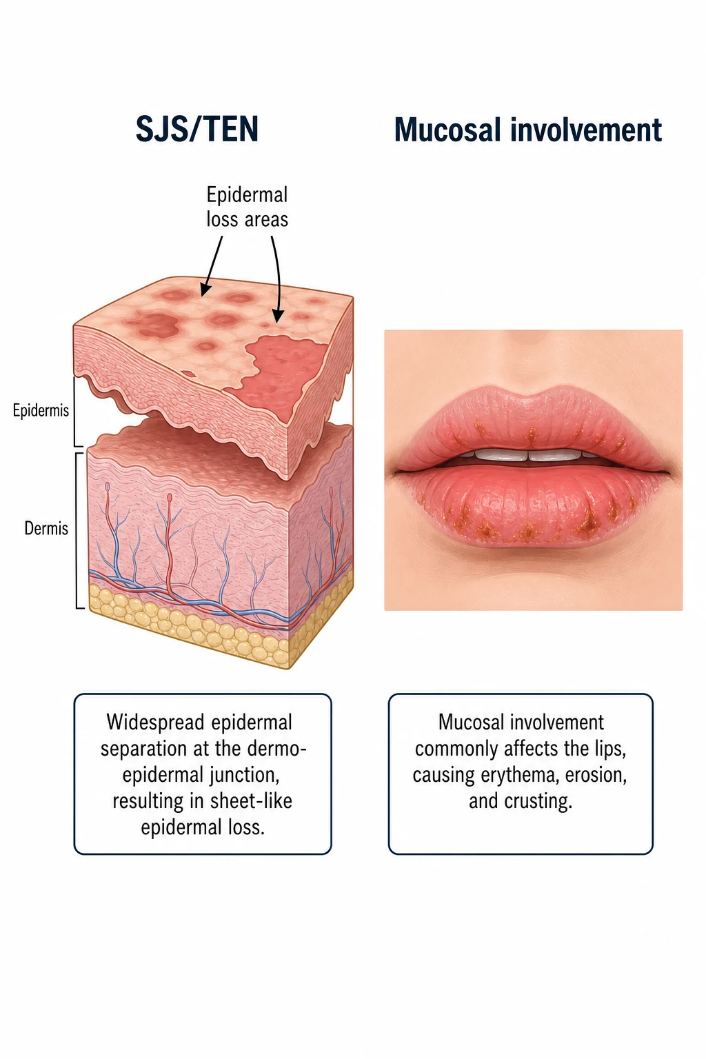 Widespread dusky erythematous macules and atypical target lesions coalescing into sheets of epidermal detachment on the trunk, with haemorrhagic crusting of the lips and oral erosions