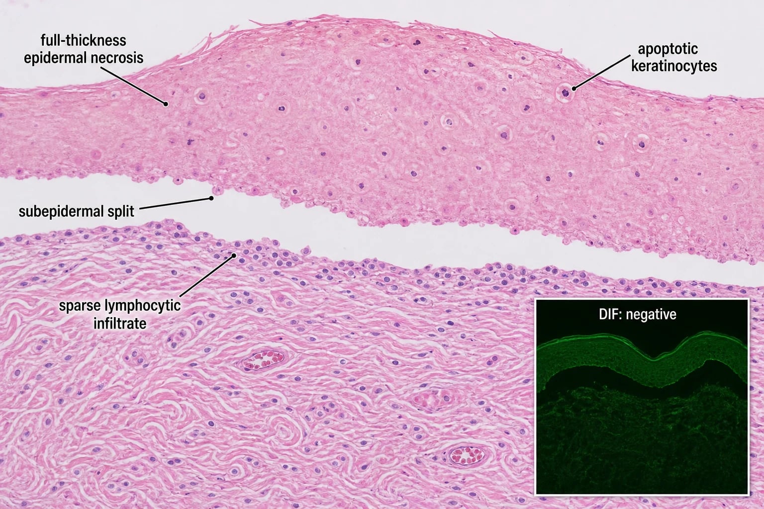 H&E showing full-thickness epidermal necrosis with subepidermal split and sparse lymphocytic infiltrate, plus a DIF inset showing negative immunofluorescence